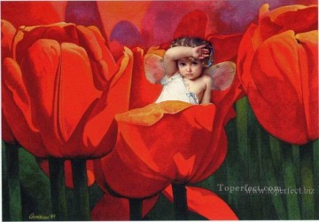 Arte original de Toperfect Painting - Pequeña hada con flores rojas hada original